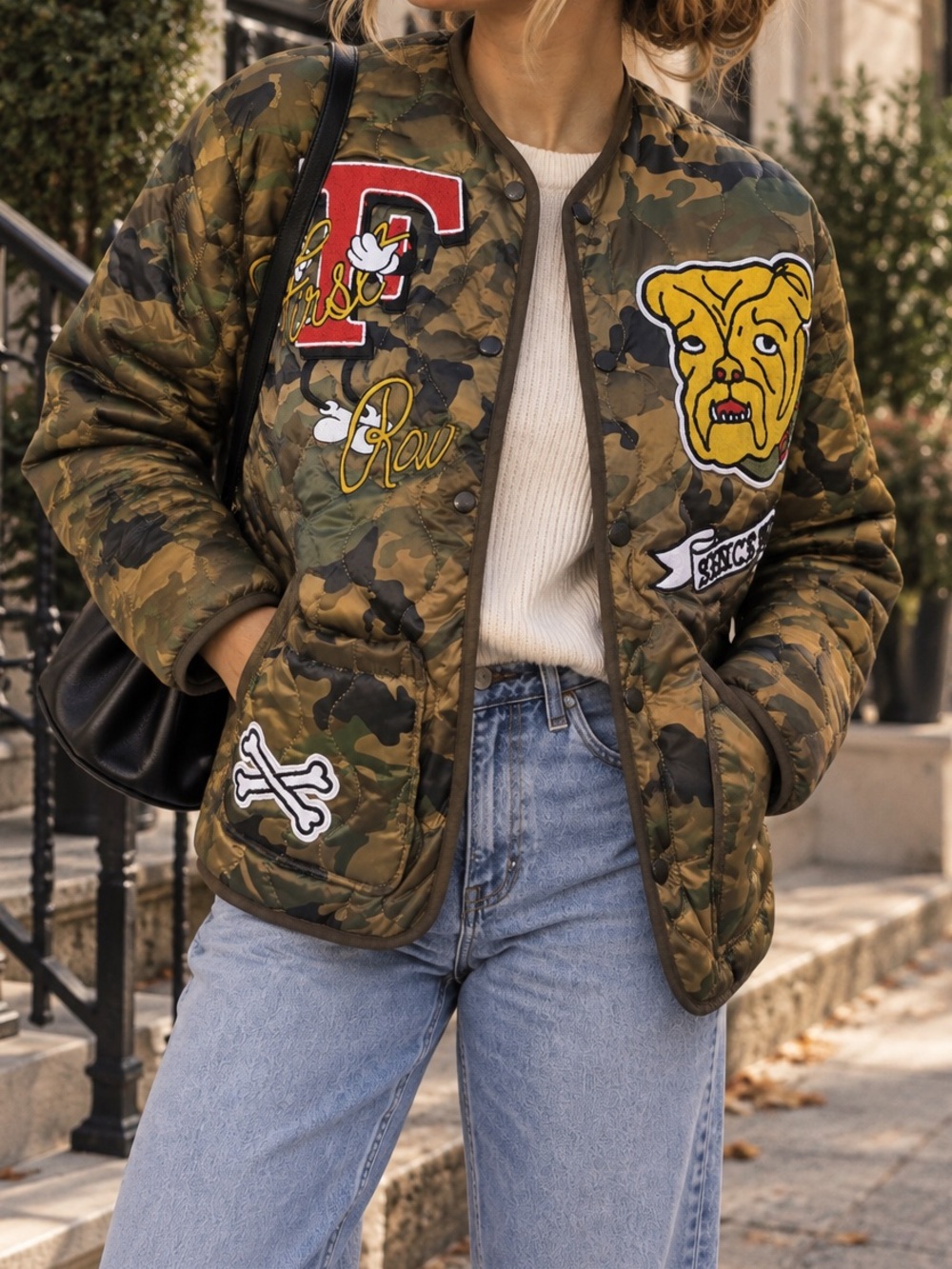First Row Camo Quilted Bomber Jacket Bulldog Embroidered Patches Small